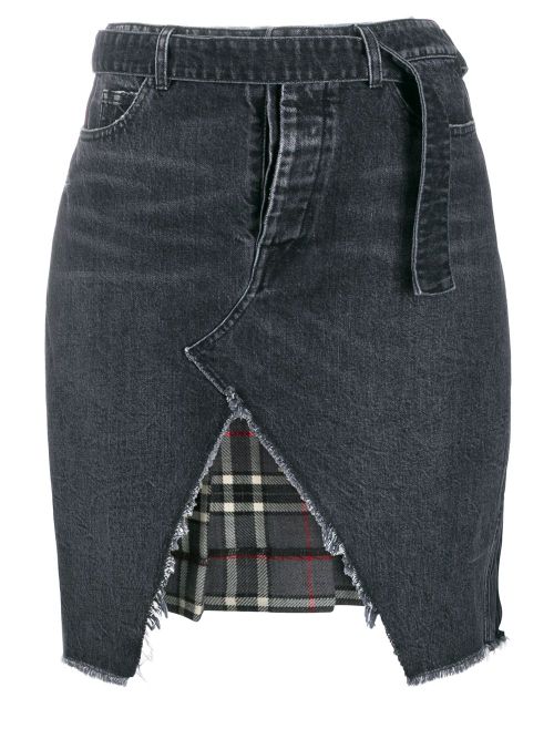 Denim and plaid asymmetric skirt - Black