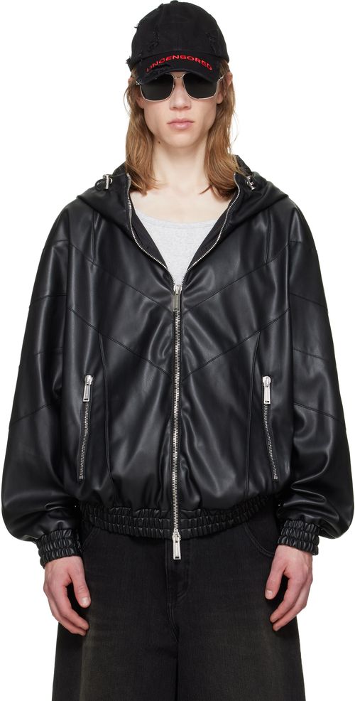 Black Zipped Hoodie Faux-Leather Jacket
