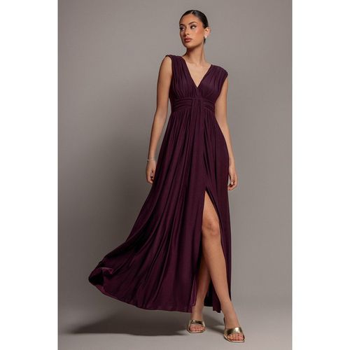 Goddiva Gathered Shoulder Wrap Neck Draped Waist Maxi Dress - Burgundy