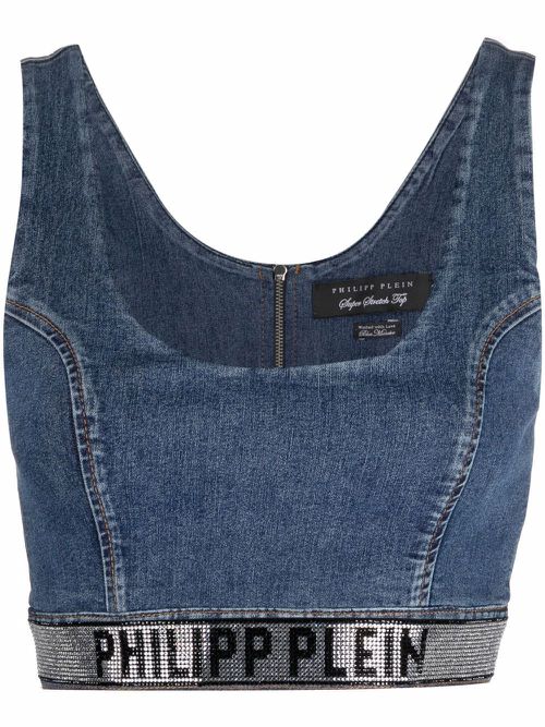 Super-Stretch logo-embellished cropped denim top - Blue