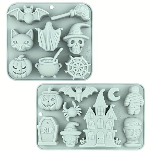 TEMU /2pcs, Silicone Halloween-themed Chocolate Mold , Pumpkin, , , Bat, Castle, Cat, Broom And , Candy Baking Tray For Dessert, Gummy, Pastry