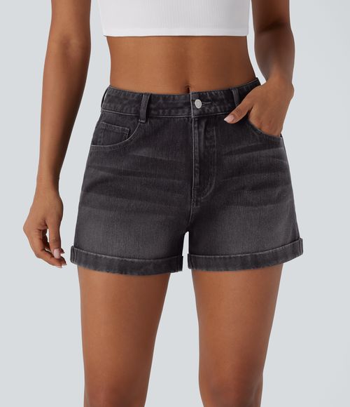 Flex™ Mid Rise Zipper Pockets Denim Casual Shorts 3''  - Cloud Black Denim