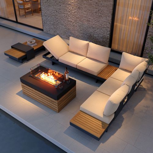 5 PCS L Shaped Outdoor Sectional Sofa Set with Smokeless Propane Fire Pit Table Yard & Patio Furniture for 6 Person Cushion & Pillow Included