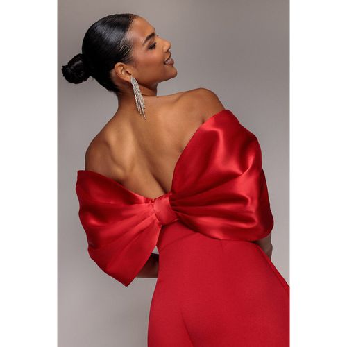 Goddiva Off Shoulder Back Satin Bow Scuba Mini Dress - Red
