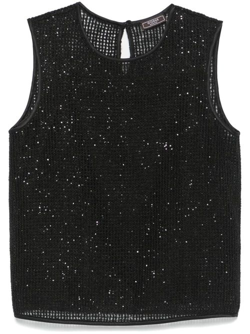 Sequin-Embellished Open-Knit Tank Top — Black