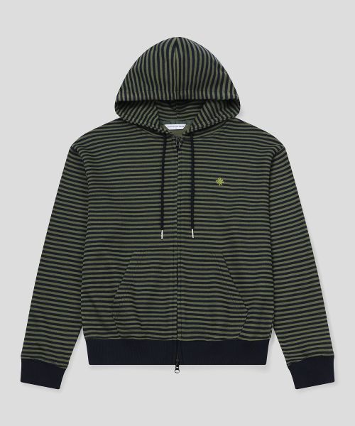 Striped Knit Hooded Zip-Up_Khaki