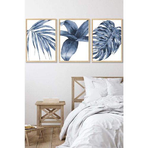 Set of 3 Oak Framed Tropical Plants Navy Blue Abstract Wall Art