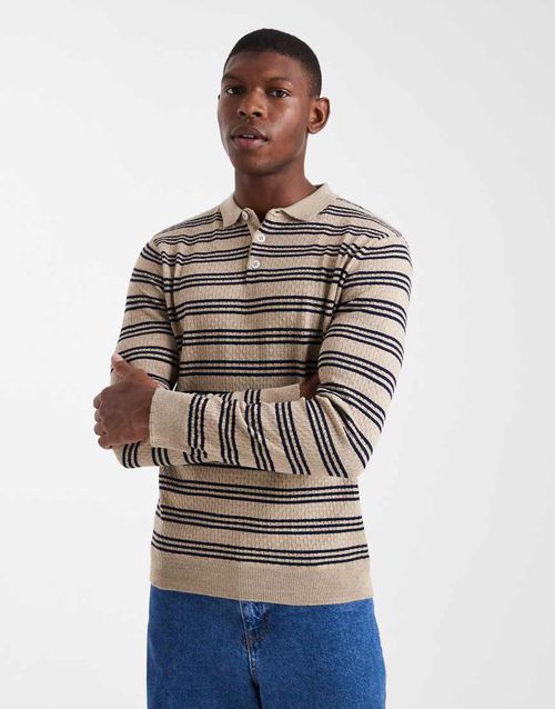 Knitted long sleeve stripe polo in ecru-Neutral