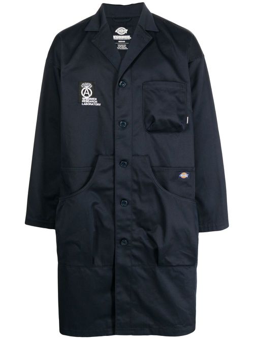 Logo-patch single-breasted coat - Blue