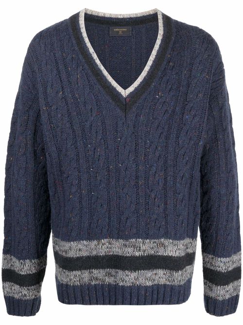 2000s cable knit striped detailing jumper - Blue