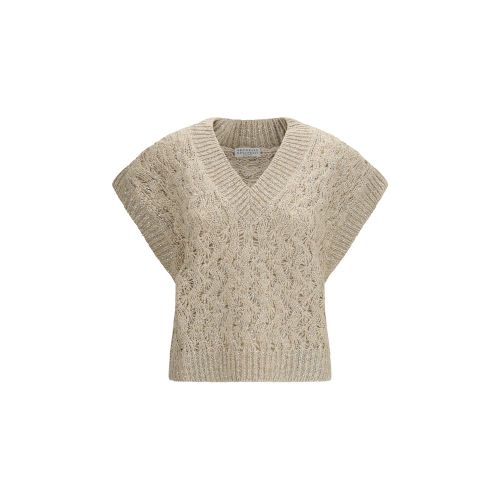 Silk Blend Textured Knit Sweater Vest — Beige
