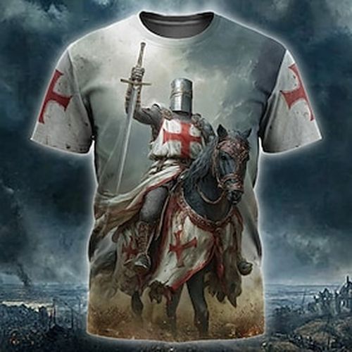 Men's Horse Knights Templar Crusaders Cross T Shirt Short Sleeve T shirt 3D Print Crew Neck Shirt Religious Street Dark Party Blue Blue 2# Blue 1# All Season