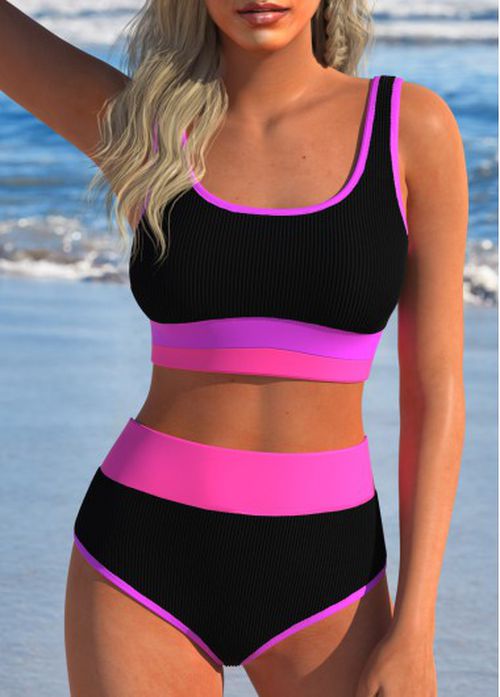 Modlily Contrast Binding Patchwork Black Bikini Set