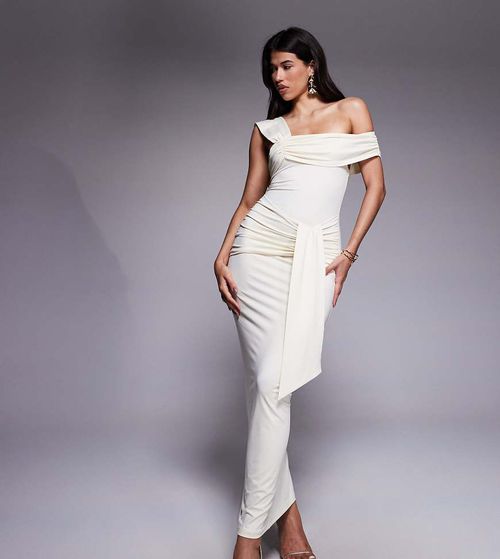 Exclusive slinky bardot drape detail maxi dress in cream-White