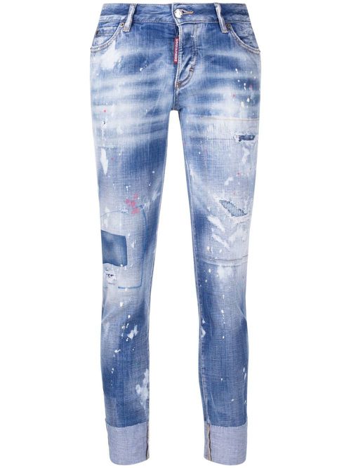 Distressed logo-embroidered slim jeans - Blue