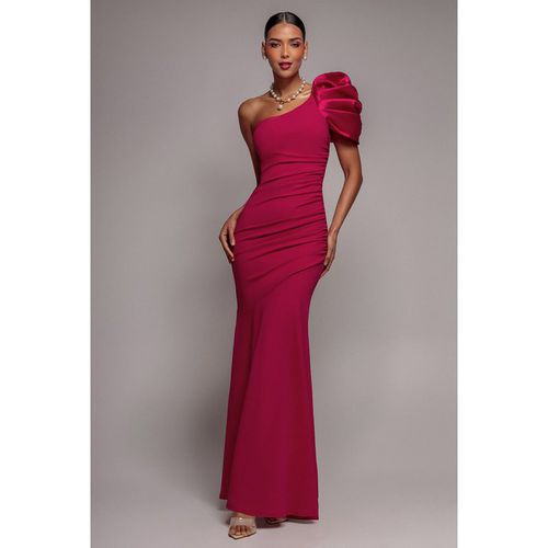 Goddiva One Shoulder Puffed Satin Sleeve Evening Maxi Dress - Magenta