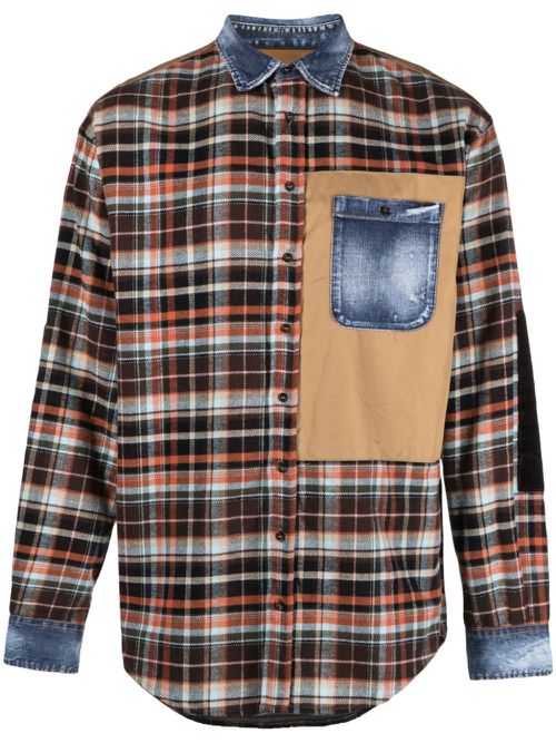 Denim-details check-pattern shirt - Brown