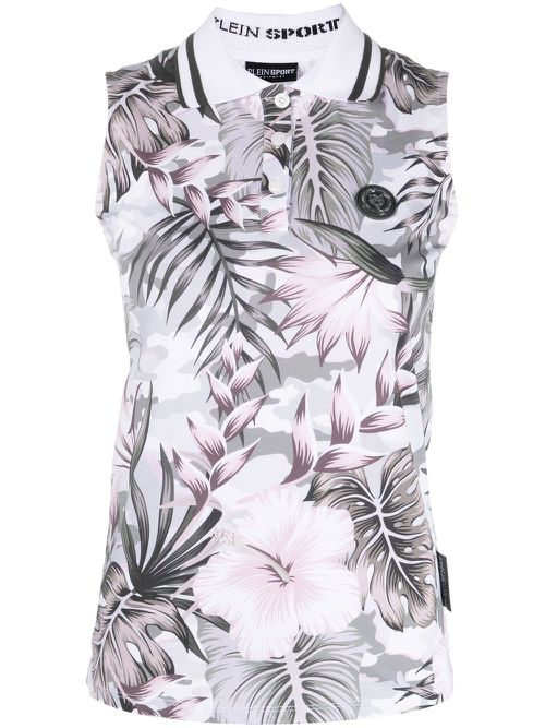 Floral sleeveless polo shirt - White