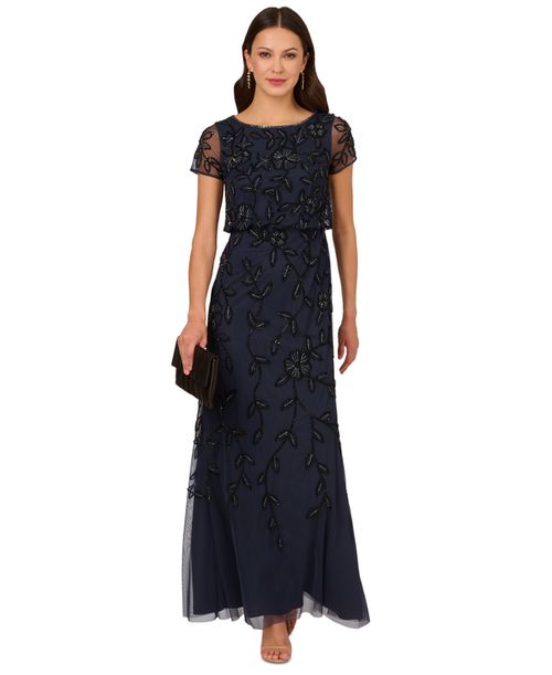 Adrianna Papell | Petite Floral Beaded Blouson Short-Sleeve Gown - Navy Black | Realry Adrianna Papell | Petite Floral Beaded Blouson Short-Sleeve Gown - Navy Black | Realry