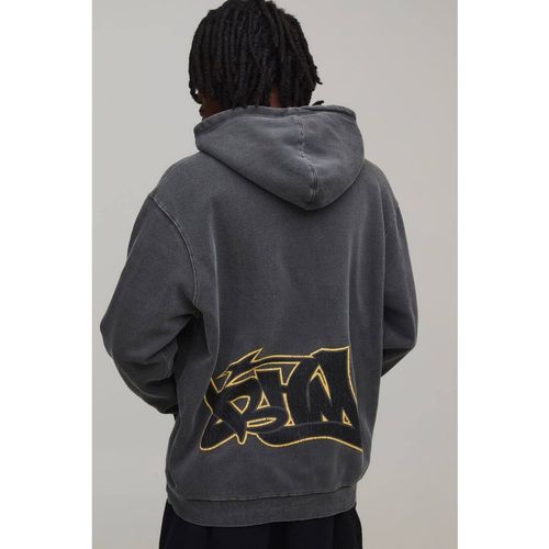 Oversized BHM Graffiti Printed Hoodie | Washed Charcoa