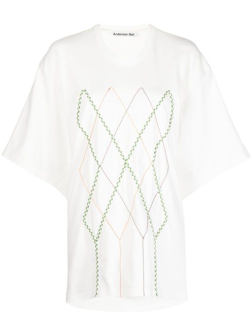 Argyle String Embroidery Oversize T-shirt - White