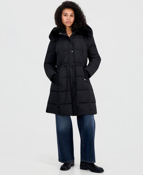 Women's Hooded Drawcord-Waist Puffer Coat - Black