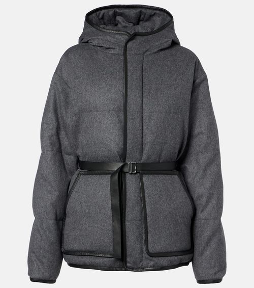 Belted hooded padded cashmere jacket