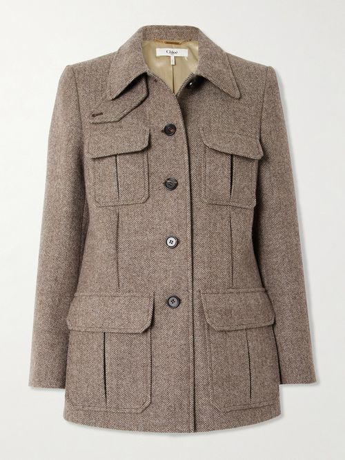 Leather-trimmed Herringbone Wool Jacket - Brown