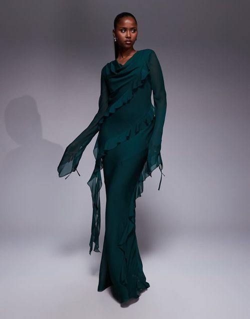 Chiffon ruffle maxi dress in emerald green