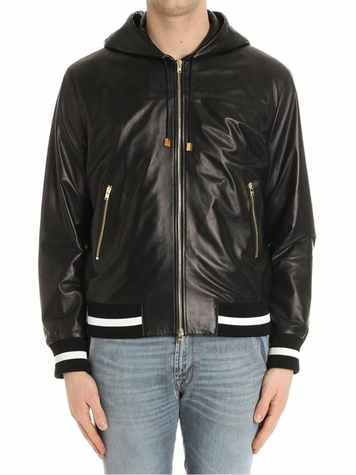 Black leather bomber jacket