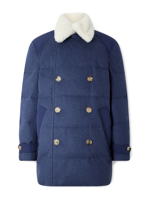 Double-Breasted Shearling-Trimmed Quilted Wool Down Coat