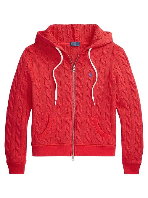 Women's Cable-Knit Cotton Zip-Front Hoodie - Bright Hibiscus
