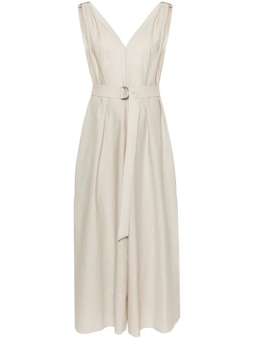 Monili Bead-Embellished V-Neck Dress — Beige