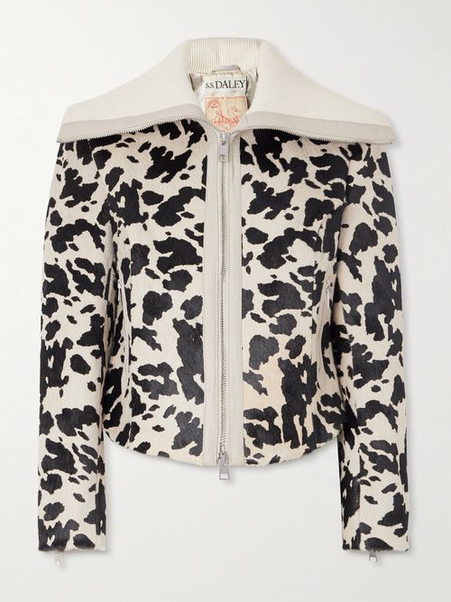 S. S. Daley - Ribbed Cropped Wool-trimmed Animal-print Goat Hair Jacket - White