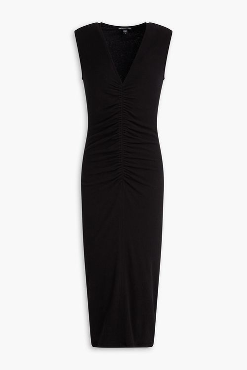Ruched cotton-blend jersey midi dress - Black - 0