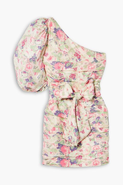 Altie one-shoulder pleated floral-print satin mini dress
