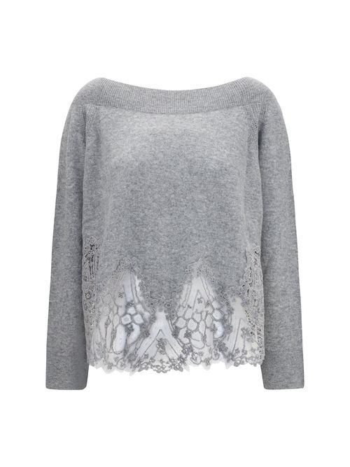 Boat Neck Lace-Trimmed Sweater — Gray