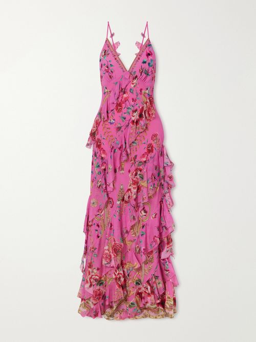Embellished Ruffled Silk-georgette Maxi Dress - Pink