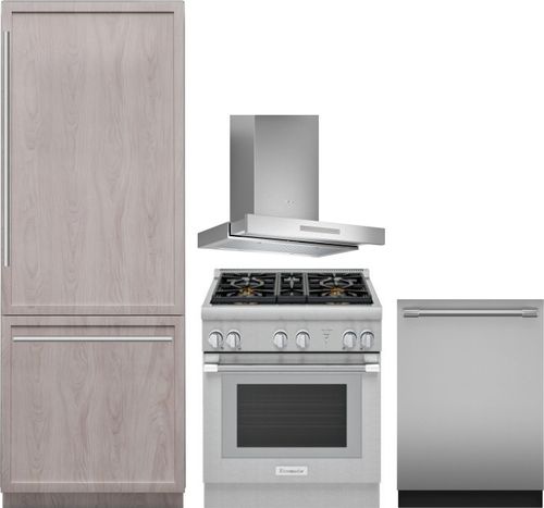 Thermador 4 Piece Kitchen Appliances Package with Bottom Freezer Refrigerator, Gas Range and Dishwasher in Panel Ready THRERADWRH