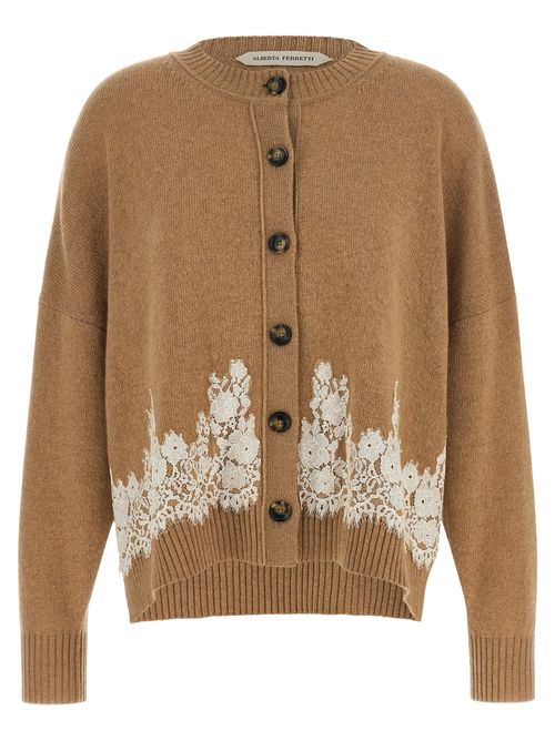 Lace-Insert Cashmere Blend Cardigan — Camel