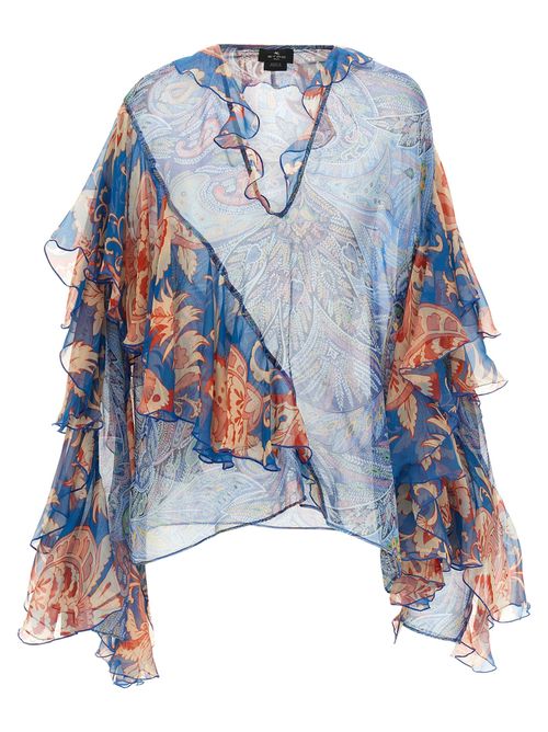 Ruffled Silk Foliage Print Blouse — Blue