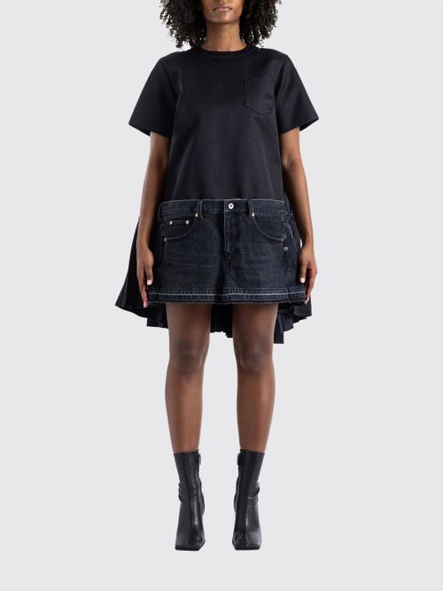 Flared Mini Dress in Denim and Silk with Asymmetrical Pleated Skirt