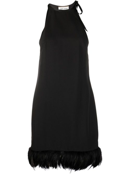 Feather-trim sleeveless mini dress - Black