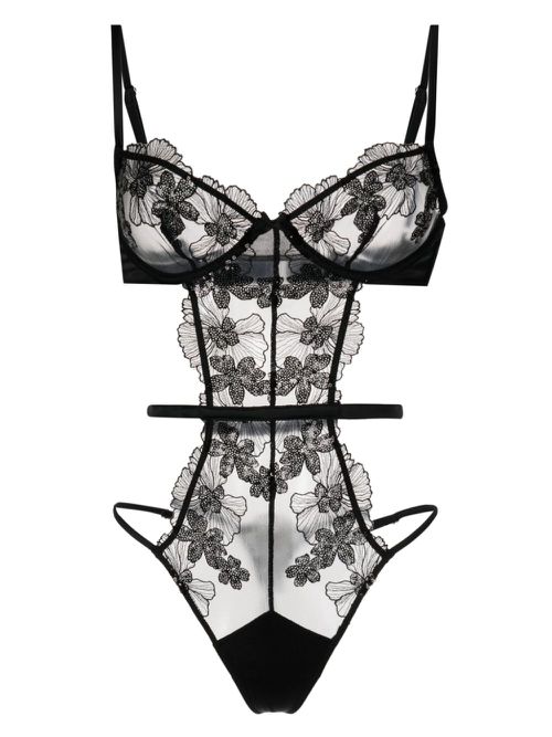 Floral-lace thong bodysuit - Black