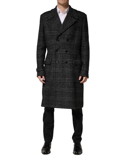 Double-Breasted Plaid Wool Coat — Gray