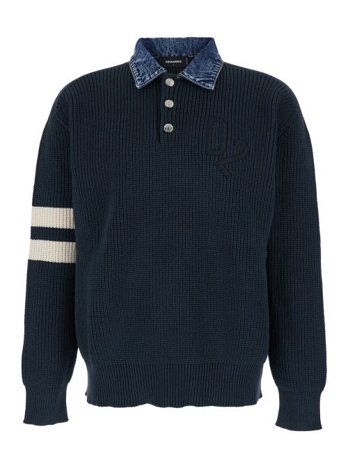 Denim Collar Sweater — Navy