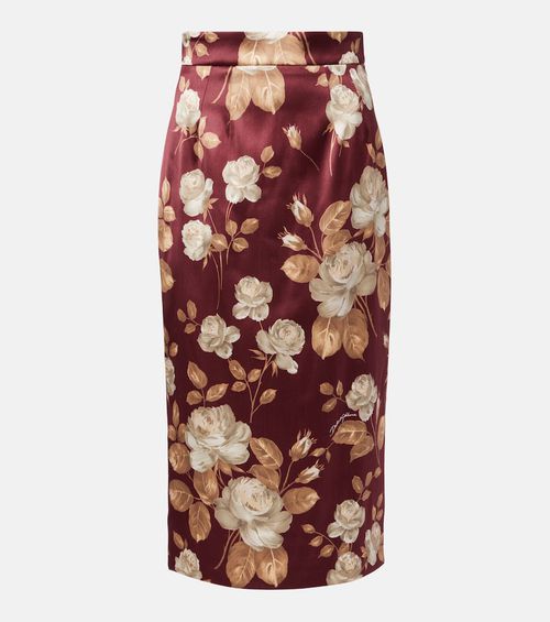 Floral high-rise satin midi skirt