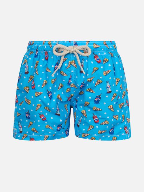 Boy Lightweight Fabric Swim-Shorts Jean Lighting With Pizza Print Blue Swimshort