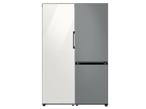 11.4 cu. ft. BESPOKE Flex Column refrigerator in White Glass + 12.0 cu. ft. BESPOKE Bottom Freezer refrigerator in Grey Glass