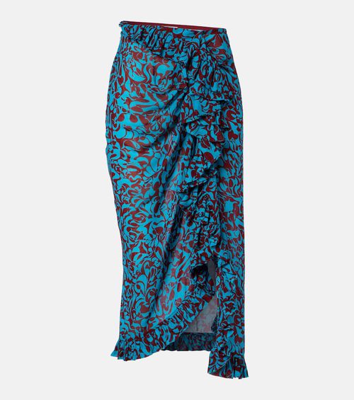 Printed draped ruffled midi skirt